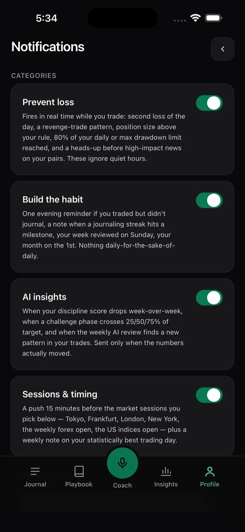 Consistry on iPhone: notification settings for loss alerts and news windows